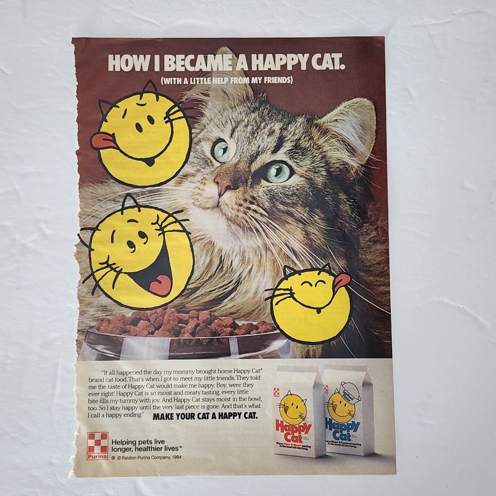 Vintage Print Ad Happy Cat food Purina long haired gray tabby clipping 1985